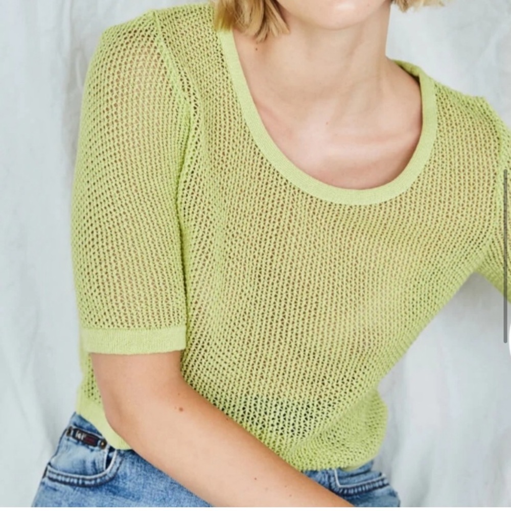 Eve Gravel Printemps Lime green semi sheer crochet crop sweater size S
